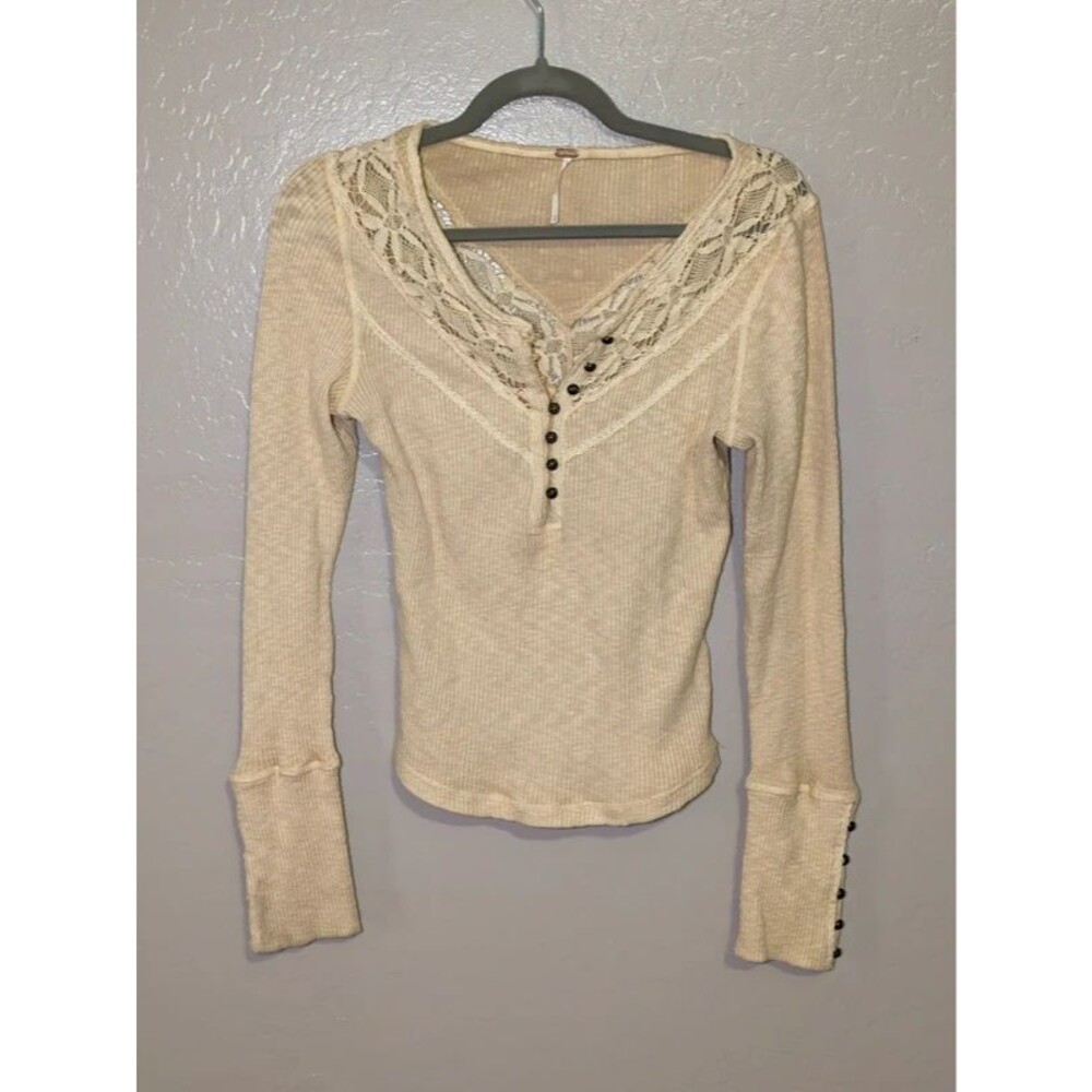 Free People Come On Over Henley Top M Beige Long Sleeve Lace Ribbed Boho